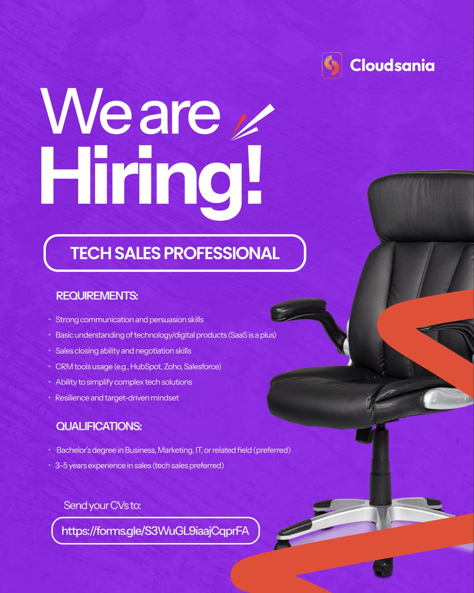 cloudsania's tweet photo. The team is growing 🚀

We're looking for a Tech Sales Professional who gets people, gets tech and knows how to close. If that's you — the link is on the flyer. Send your CV👇

#Hiring #TechSales #JobAlert #NigeriaJobs #LagosJobs https://t.co/gQ7ENAV2OF
