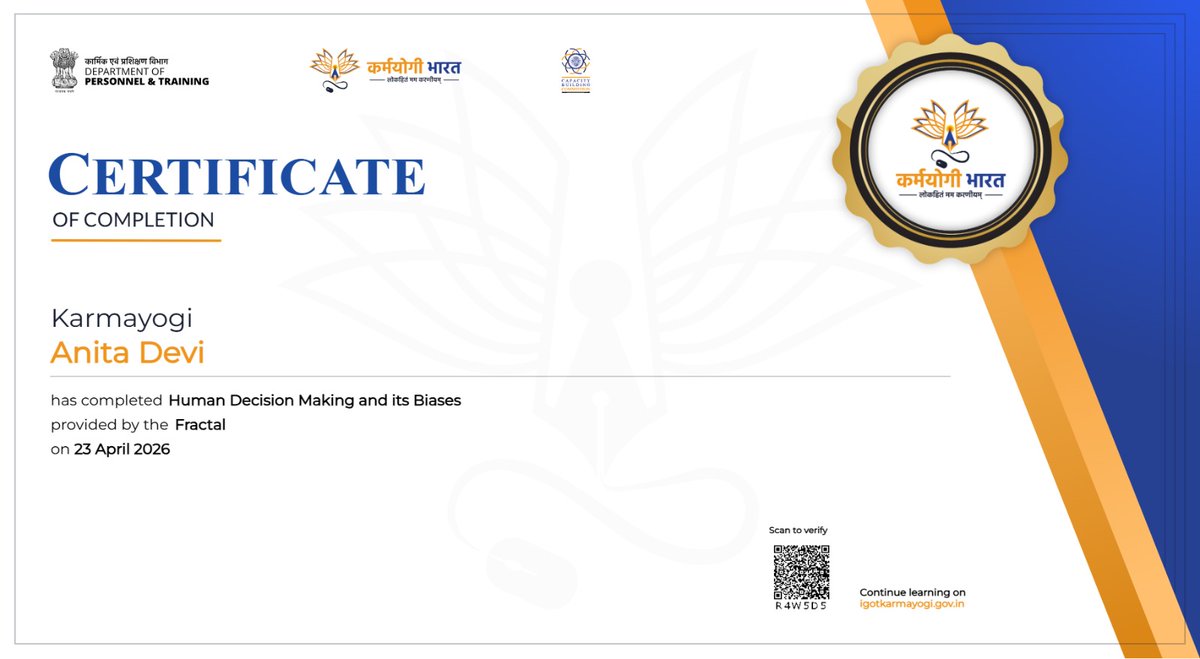 anitadevi1020's tweet image. I am pleased to share that, in my capacity as the Headmistress of a #Government ME #School, I have successfully completed the Karmayogi #training #Programme and have been awarded the certificate.