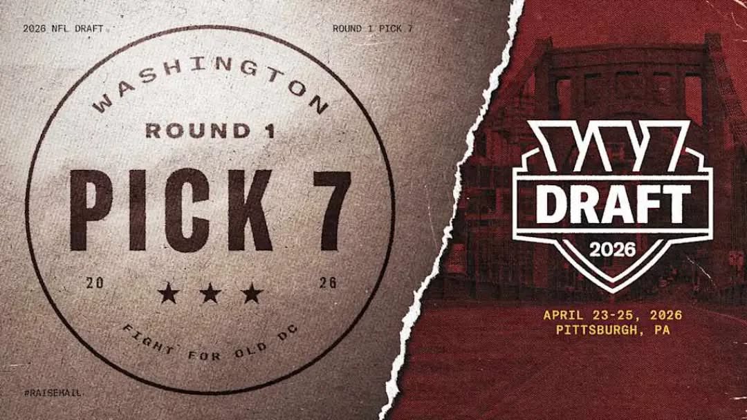 CommandersMX's tweet photo. #NFLDraft 
With the seventh pick in the 2026 NFL Draft, the Washington Commanders select_⬇️.    #RaiseHail https://t.co/KL3LR9okWL