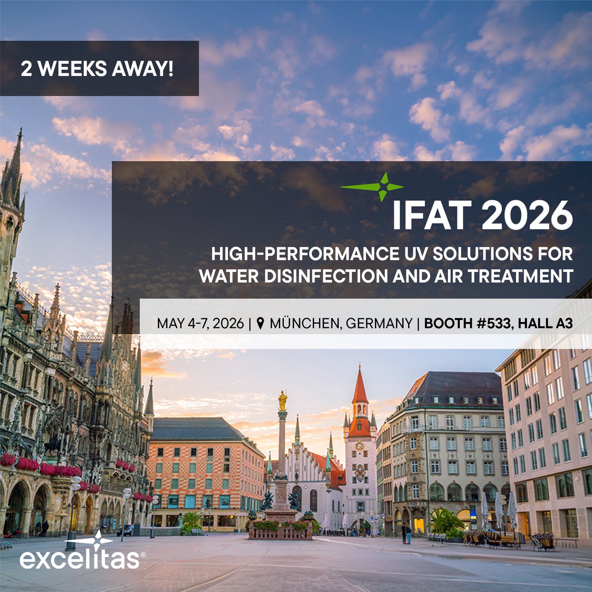 Excelitas's tweet image. We're looking forward to exhibiting at #IFAT2026!

Visit us to discover our latest technologies for #waterdisinfection &amp;amp; #airtreatment that contribute to a sustainable future!

📅 May 4-7
📍 Booth: A3-533, Hall A3
🔗 ow.ly/iHcp50YOwGV

#ExcelitasTradeshow #Sustainability