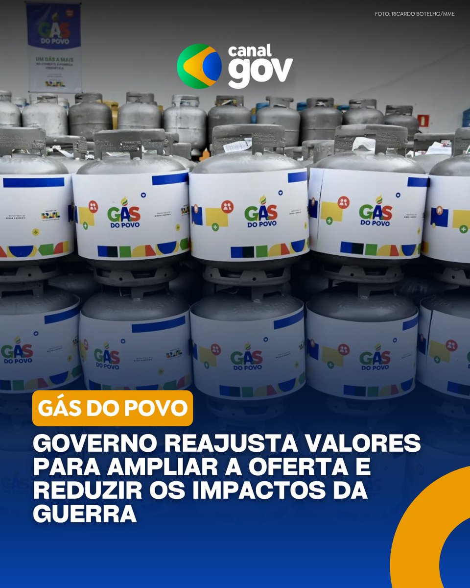 REAJUSTE DE VALORES NO GÁS DO POVO | <a href="/Minas_Energia/">Ministério de Minas e Energia</a> e <a href="/MinFazenda/">Ministério da Fazenda</a> divulgaram o reajuste dos preços de referência a serem aplicados no programa Gás do Povo. A medida faz parte das ações do Governo do Brasil para mitigar os impactos do conflito no Oriente Médio.