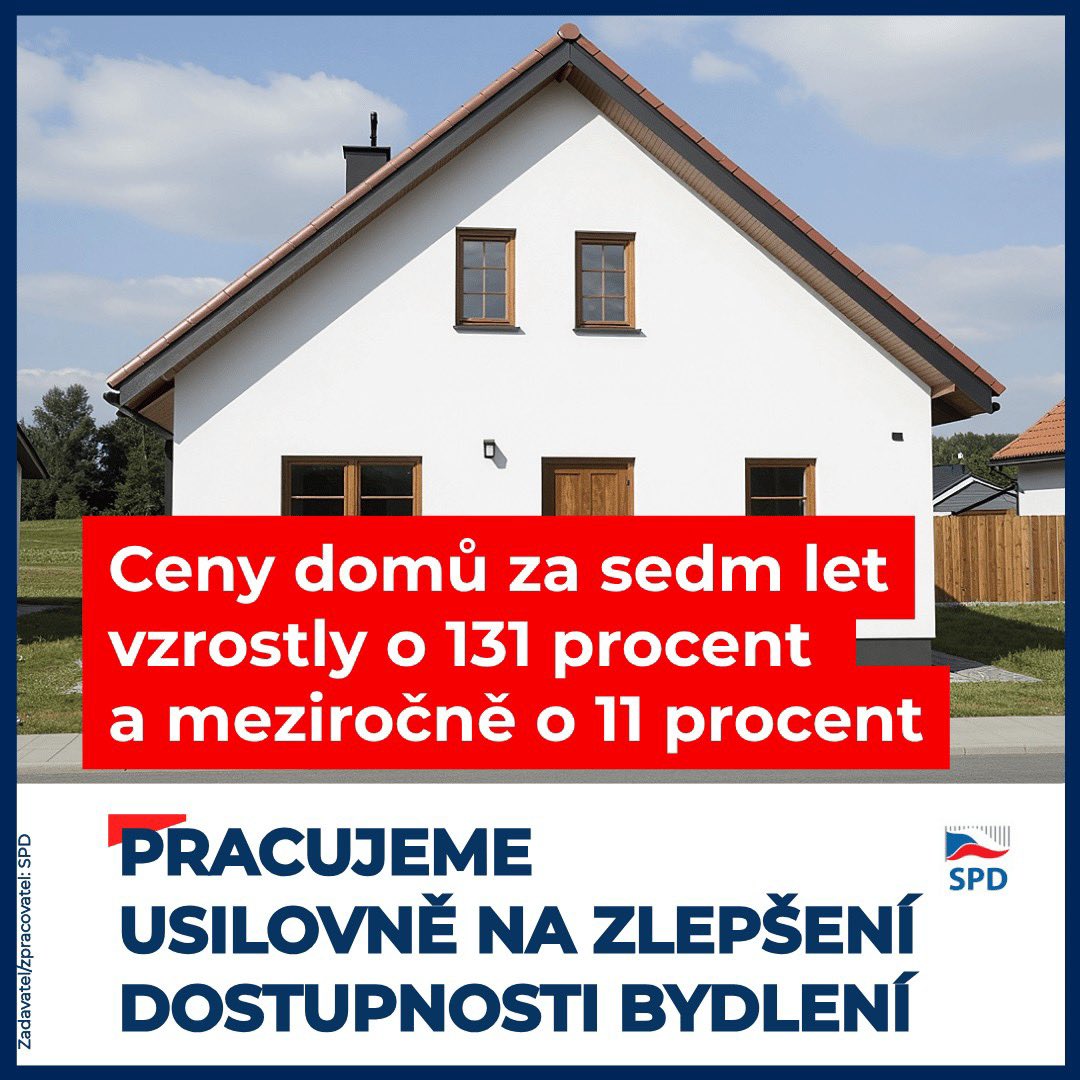 Ceny domů za sedm let vzrostly o 131 %. 📈🏠Pracujeme na zlepšení dostupnosti bydlení. V celé České republice vzrostla nabídková cena domů z 21 838 Kč za m² v březnu 2019 na 50 436 Kč za m² v únoru 2026, tedy o 130,96 %. Vyplývá to z dat projektu Realiťák roku ve spolupráci s