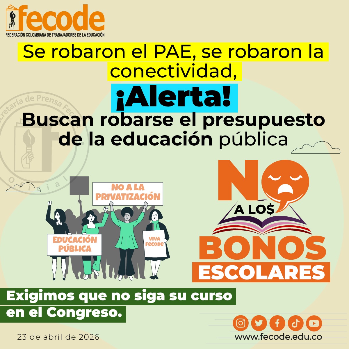 ⛔¡No a los bonos escolares!
🚨¡Alerta! Buscan robarse el presupuesto de la educación pública.