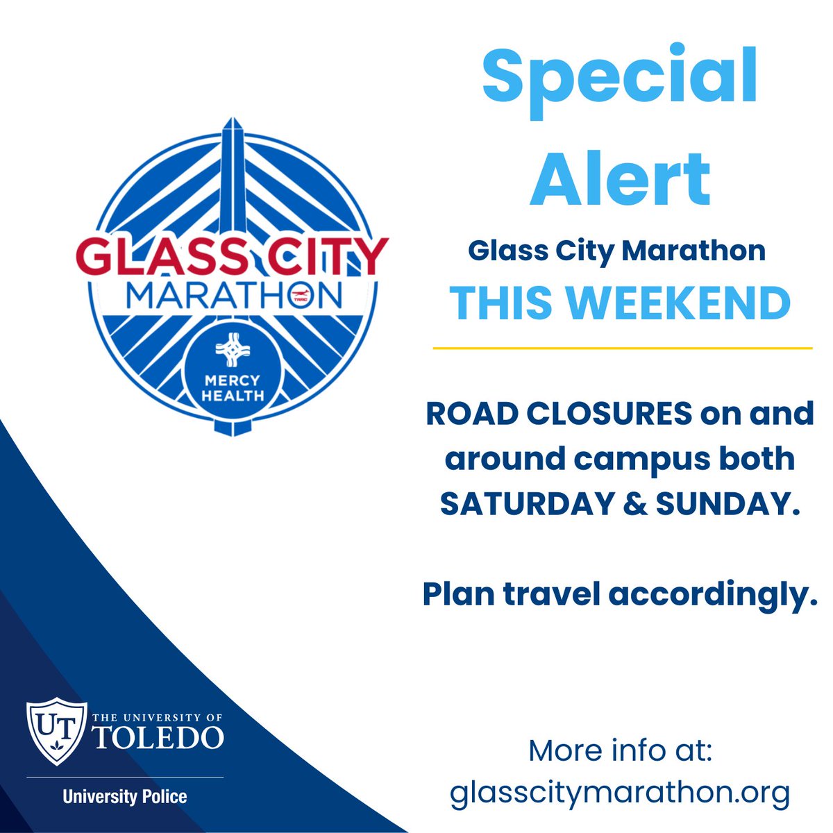 UToledoPD's tweet photo. Glass City Marathon is THIS WEEKEND-with road closures on &amp; off campus both Sat 4/25 &amp; Sun 4/26. Campus lots will be impacted Thu 4/23 thru weekend.  Plan accordingly.

For more info about parking visit: https://t.co/Ke0IL1EWYi

Race/road closures info https://t.co/QQ1ppMV4CL https://t.co/3MlJcLQdOq