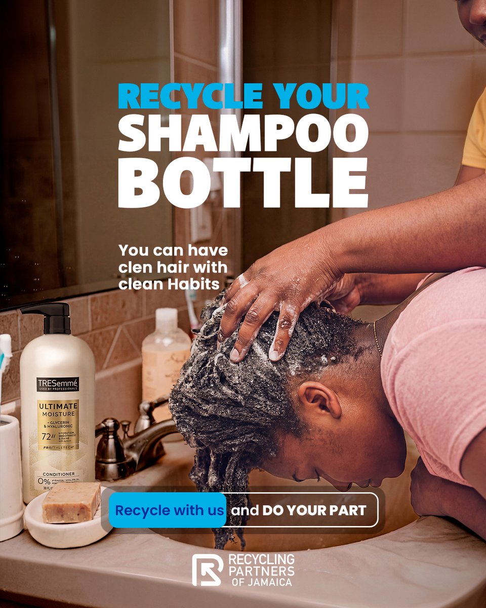 RecyclingJA's tweet photo. POV: Hair clean… but you bout to throw away the bottle? 😭🚿
It’s HDPE ♻️
Recycle it with RPJ and do your part 🇯🇲
 #RecyclingJa #PutPlasticInItsPlace https://t.co/hf9yPOt30I