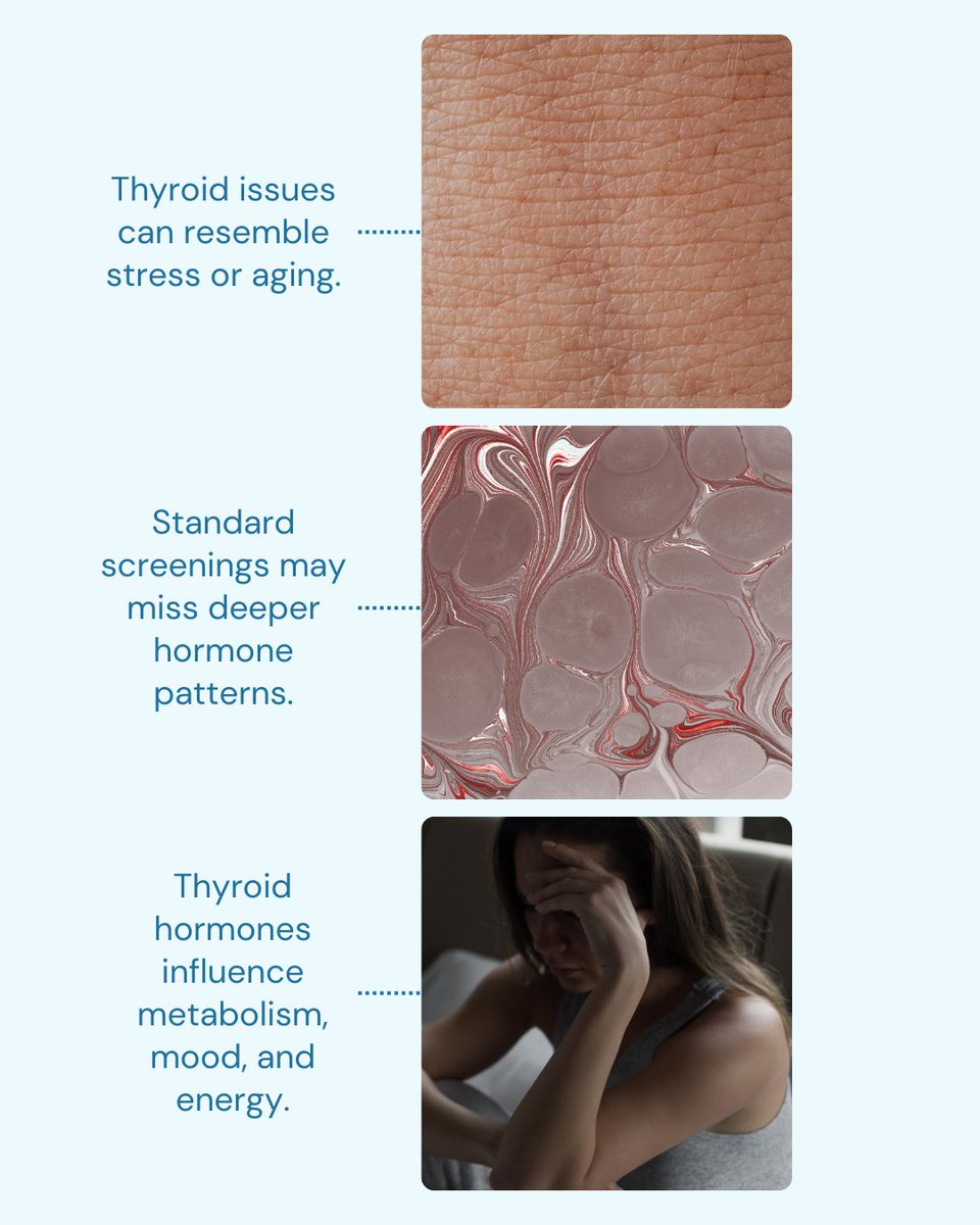 AmariHealth's tweet photo. Understanding how thyroid hormones influence the body can help explain why these changes occur.

• Thyroid issues can resemble stress or aging 
• Standard screenings may miss deeper hormone patterns 
• Thyroid hormones influence metabolism, mood, and energy https://t.co/USEdClij2E