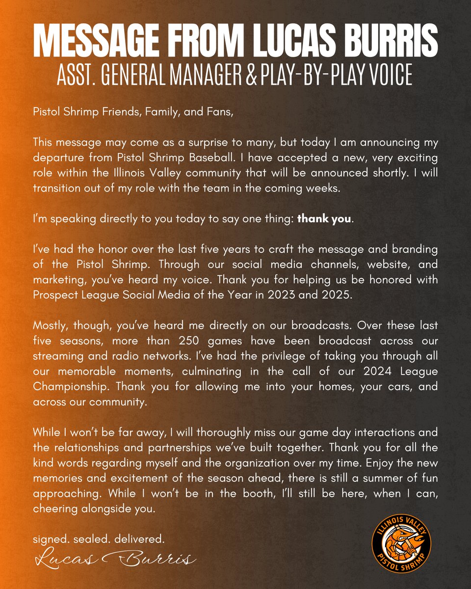 PShrimpBaseball's tweet photo. A message from Pistol Shrimp Assistant General Manager &amp; Play-By-Play Voice, Lucas Burris:

full release ⬇️
https://t.co/WYLAcdueBh https://t.co/q9TNz9Gv3D