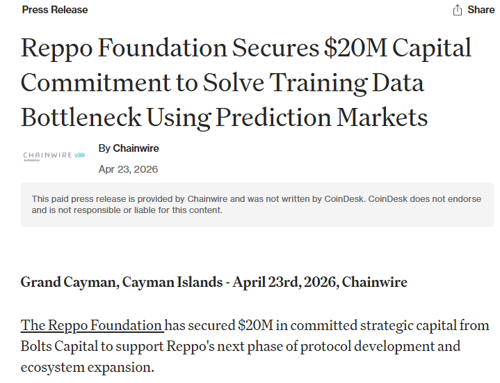HOLY FUCKING SHIT

$REPPO has secured $20M funding from Bolts Capital.

It is a huge number for a project under a $5 million market cap.

The next $TAO is developing faster, and the price will catch up.