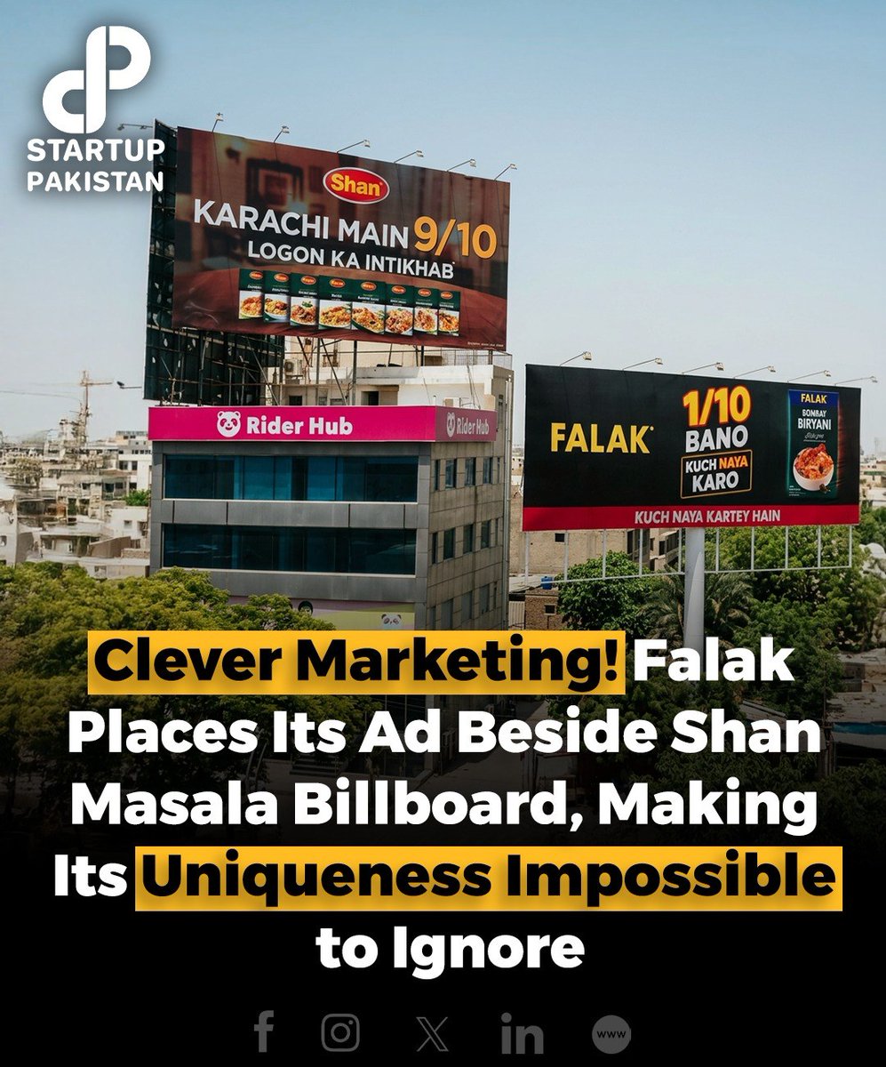 PakStartup's tweet image. Smart marketing move by Falak as it strategically placed its ad next to Shan Masala, making its distinct identity stand out and impossible to overlook.

#Falak #ShanMasala #MarketingStrategy #Branding #CreativeAds #BillboardMarketing