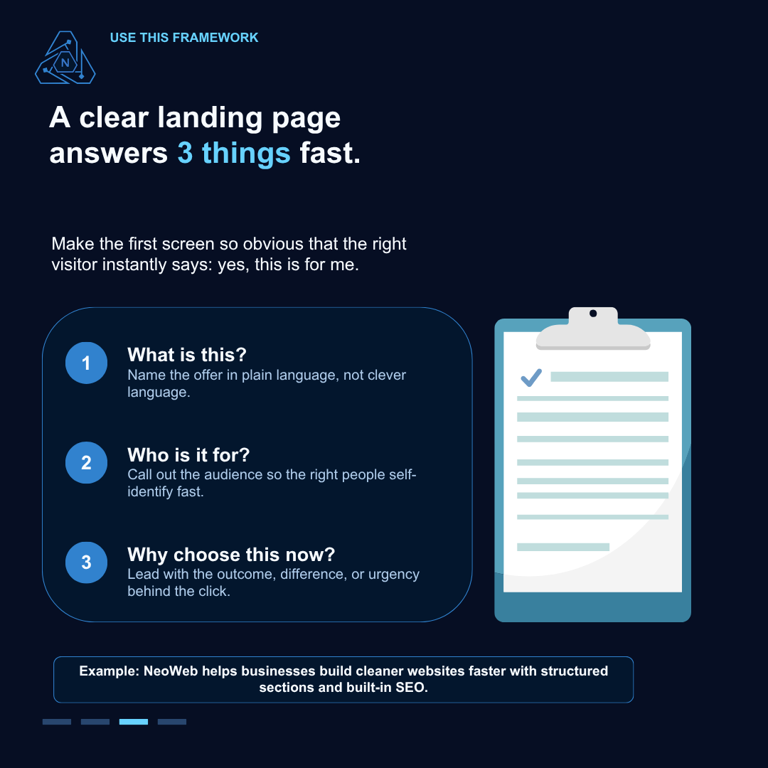 NeoWeb_ai's tweet photo. Most landing pages do not fail because of bad design.

They fail because the message is unclear.

If people cannot instantly understand the offer, they leave.

Clarity first. Design second. That is one of the core ideas behind NeoWeb. https://t.co/S1EDdpQOWz