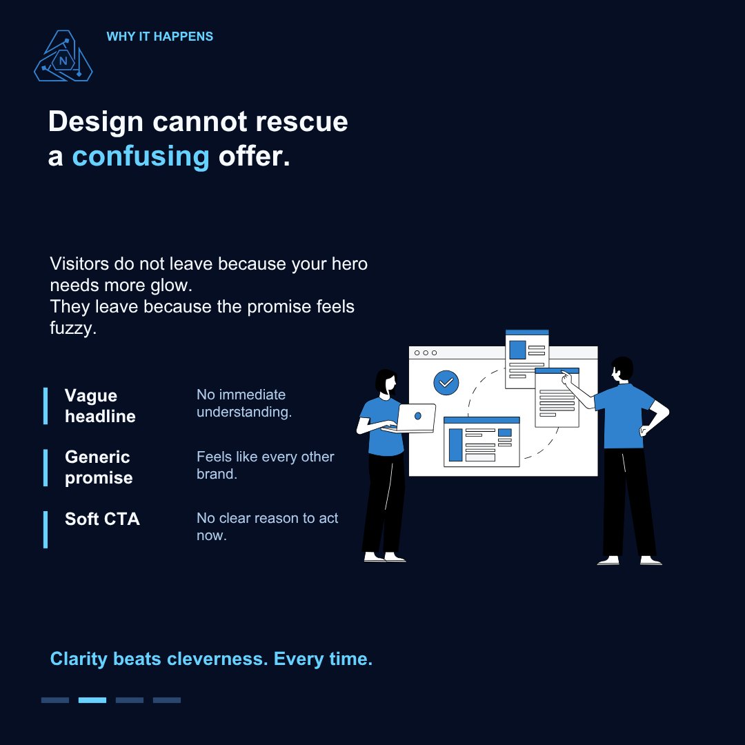 NeoWeb_ai's tweet photo. Most landing pages do not fail because of bad design.

They fail because the message is unclear.

If people cannot instantly understand the offer, they leave.

Clarity first. Design second. That is one of the core ideas behind NeoWeb. https://t.co/S1EDdpQOWz