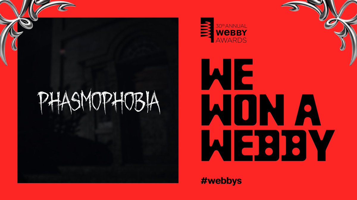 PlayPhasmo's tweet image. Ghost Hunters, we're so excited to announce that #Phasmophobia has been named the People's Voice Winner of Best Community Experience at this year's #webbys! 

Thank you to all who voted, and all who support the game and this community.