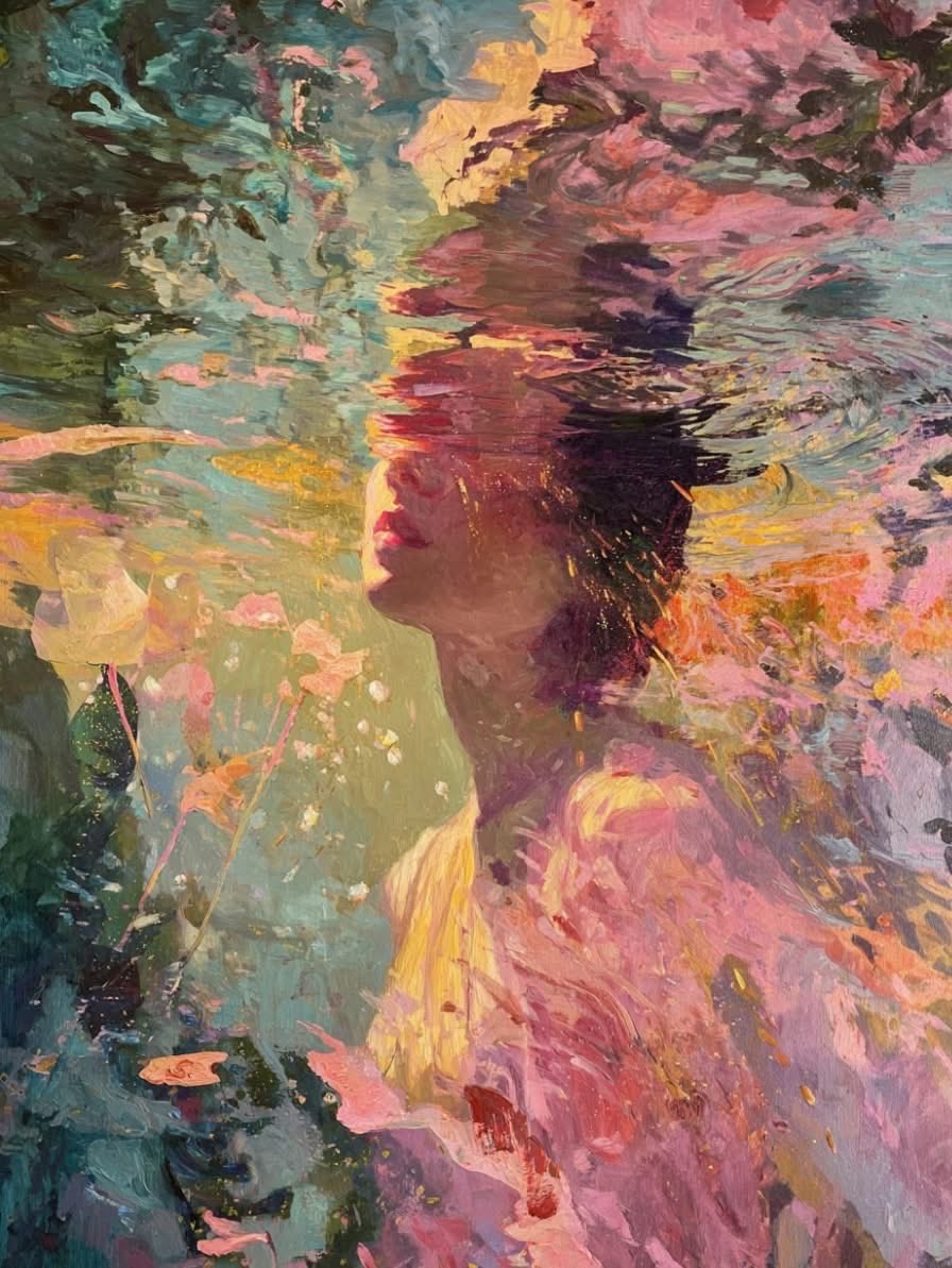 Dive into the mesmerizing, fluid world of Ina Wuest (b. 1977). This German contemporary artist is celebrated for her ability to capture light and movement in a way that feels both cinematic and deeply emotional. 
Does this piece make you feel a sense of weightlessness? Share your