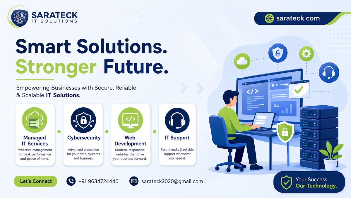 Sarateck1's tweet image. 🚀 Grow your business with Sarateck IT Solutions!

💻 Managed IT Services
🔐 Cybersecurity
🌐 Web Development
⚙️ IT Support
Secure. Reliable. Scalable.
📞 +91 9634724440
📧 sarateck2020@gmail.com
#ITServices #CyberSecurity #WebDevelopment #TechSolutions