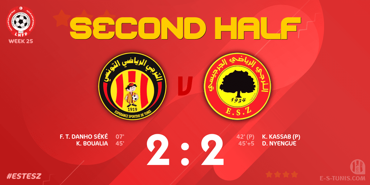 ESTuniscom's tweet photo. ⏱ 46' | #Ligue1Tn🇹🇳 Week 25 #ESTESZ | @ESTuniscom 2⃣-2⃣ #ESZarzis : The second half kicks off / بداية الشوط الثاني / Coup d'envoi de la seconde période https://t.co/5q4sF0QRKs