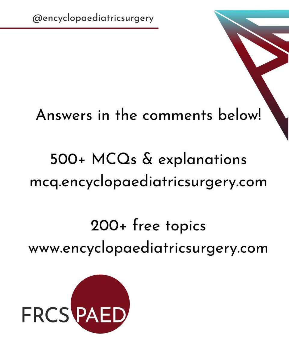 EncycloPaedSurg's tweet image. #PaediatricSurgery #PediatricSurgery #Surgeon #FRCS #FEBPS #EuropeanBoard #Revision #Exams #SingleBestAnswer #MCQ #EncycloPaediatricSurgery

For 500+ FRCS style practice MCQs:
mcq.encyclopaediatricsurgery.com