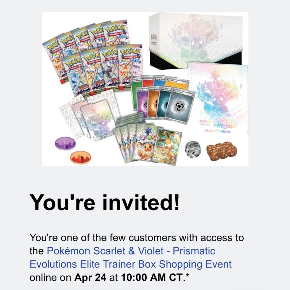 PokemonDealsTCG's tweet image. Prismatic Evolutions ETB Invites Going Out for Best Buy!✨

➡️bit.ly/42gwCLp

Those invited will have 24 hours to purchase starting at 10AM CT on 4/24. Check your email for a possible invite! Limit 1.

#Pokemon #PokemonTCG #AD