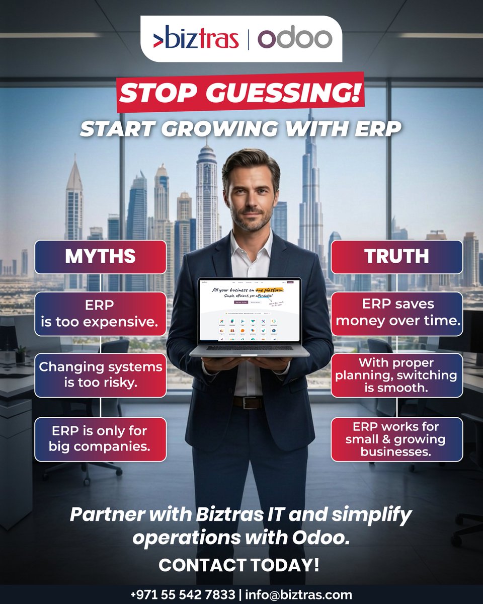 BiztrasIT's tweet photo. Stop guessing. Start growing with ERP🚀
ERP isn’t expensive or complex when done right—it saves money, streamlines operations, and scales with your business.
With Biztras IT + Odoo, get seamless implementation &amp; smart growth.
📞 Contact us today
#Biztras #OdooERP #BusinessGrowth https://t.co/CF9BwXusHA