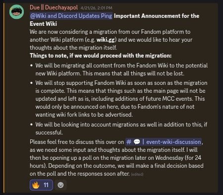 MCCWiki_'s tweet photo. hey guys, wolfy here. with another rare tweet but this time is a huge announcement!

we will be moving to an independent wiki (https://t.co/MTC7sGRi3L) soon! click the images for more details. https://t.co/NSt91BsRn2