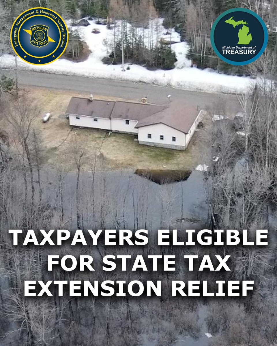MichEMHS's tweet photo. Individuals and businesses in seven more counties and two cities are now eligible for state tax extension relief in Michigan. Learn more by reading the latest @MiTreasury news release in the comments section below.⬇️

@MichStatePolice | #michiganflooding | #MichiganTornado | #TaxRelief | #EmergencyRelief | #DisasterRecovery