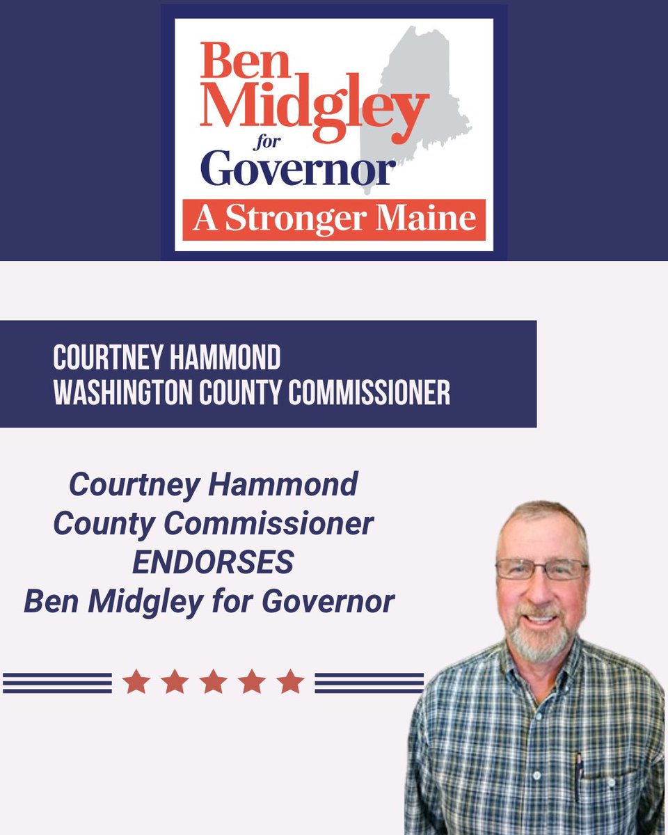 🚨ENDORSEMENT ALERT: COURTNEY HAMMOND, WASHINGTON COUNTY COMMISSIONER, ENDORSES BEN MIDGLEY FOR GOVERNOR 

“As a farmer, I’ve seen firsthand the damage that Janet Mills and Augusta Democrats have done. Ben has shown the skills and the commitment to prioritizing rural Maine. Ben