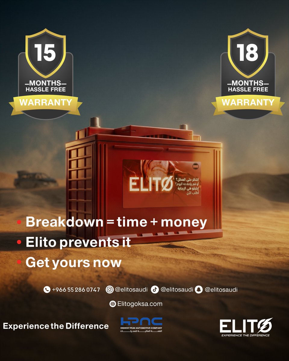 elitosaudi's tweet image. Breakdown = Loss
ELITO prevents it🔥
☎️+966 55 286 0747 
📍 @elitosaudi 
🌐 elitogoksa.com

#vision2030 #SaudiVision2030 #Riyadh #KSA
#AmaraRaja #rentalcars #warranty #haselfreewarranty #15months
#riyadh #jeddah #dammam
#confidence #trust #BatteryLife #Batteries