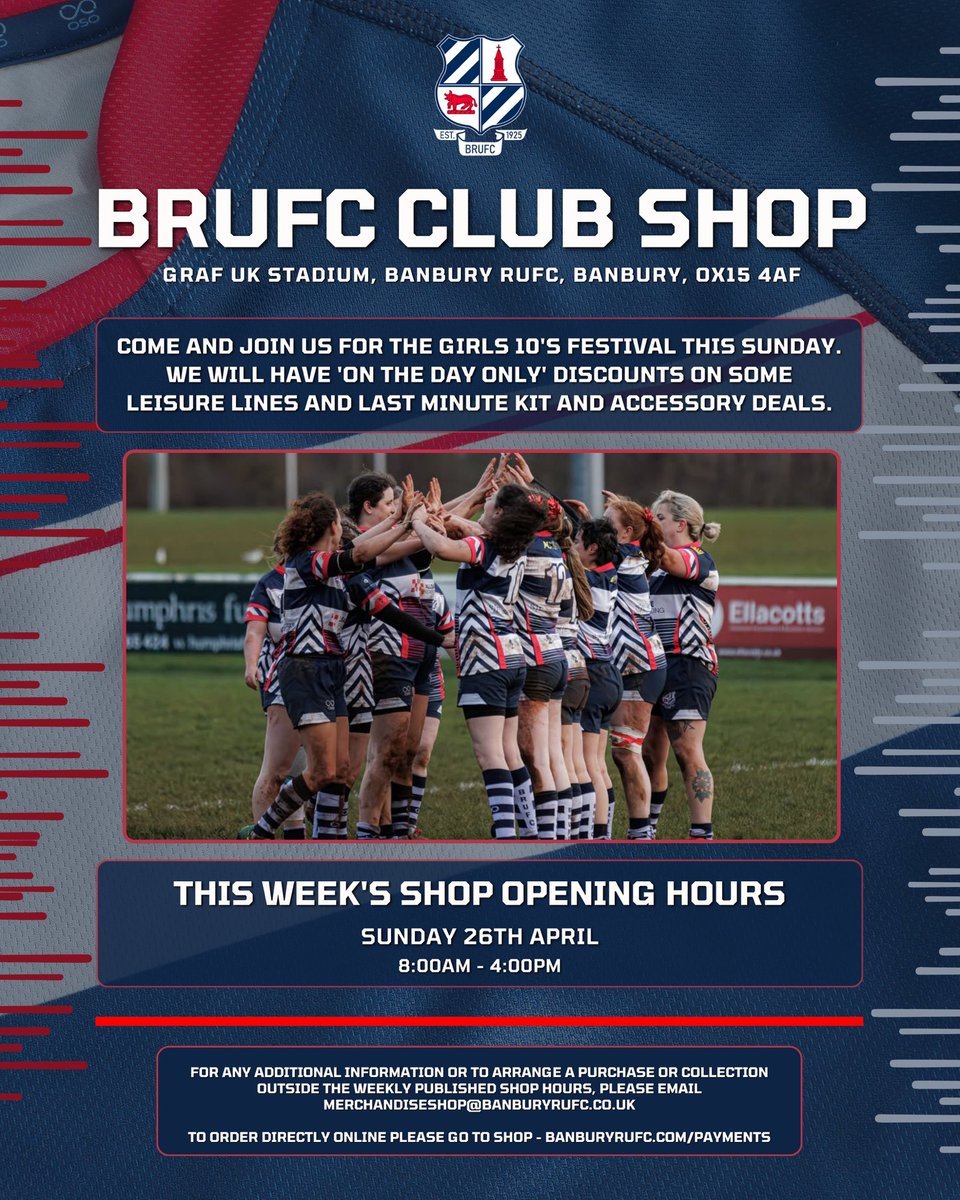 BanburyRUFC's tweet image. 𝗕𝗥𝗨𝗙𝗖 𝗖𝗟𝗨𝗕 𝗦𝗛𝗢𝗣 𝗢𝗣𝗘𝗡𝗜𝗡𝗚 𝗛𝗢𝗨𝗥𝗦 🛍️
W/C Monday 20th April

Graf UK Stadium, Banbury RUFC, Banbury, OX15 4AF

To order directly online please go to Shop -
banburyrufc.com/payments

banburyrufc.com/news/brufc-clu…

#BanburyRUFC #Rugby #Bulls 🐂