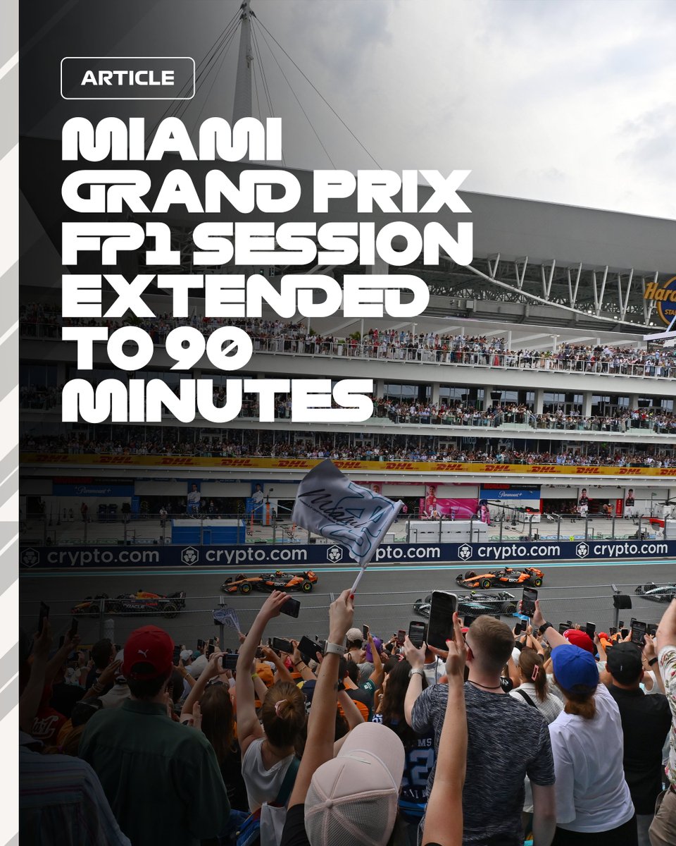 F1's tweet photo. Free Practice 1 at the Miami Grand Prix will be extended to 90 minutes⏱️

It's the first on-track session after the five week break in the calendar 

👉 https://t.co/F2uMhddnbU 

#F1 #MiamiGP https://t.co/NNttmQpzEs