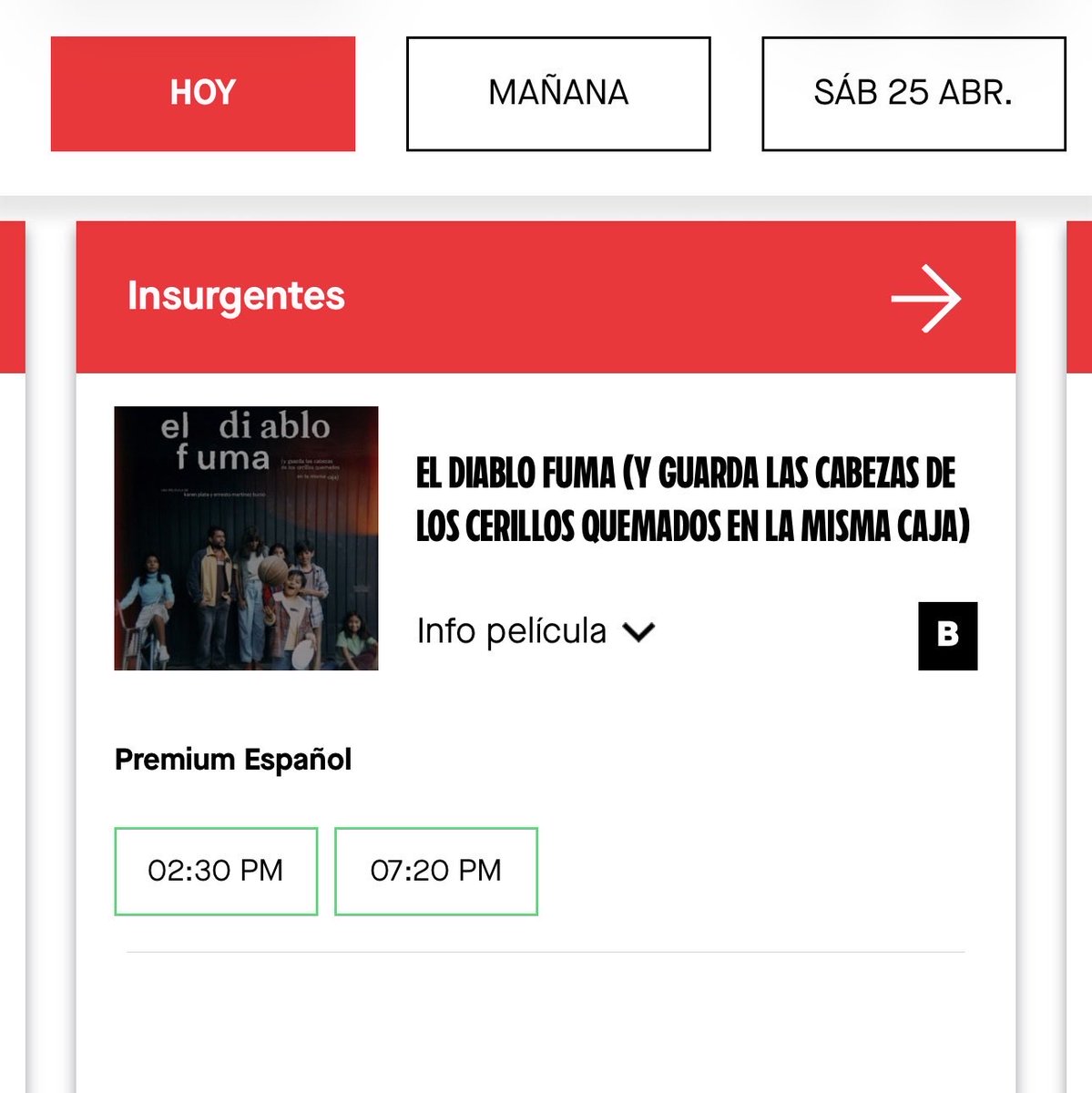 Ojalá ya entre en vigor la nueva ley de cine para que por lo menos en la semana de estreno las películas mexicanas tengan funciones todo el día. EL DIABLO FUMA, ganadora en Berlín, Morelia y Hong Kong, debuta con 2 funciones al día 💔