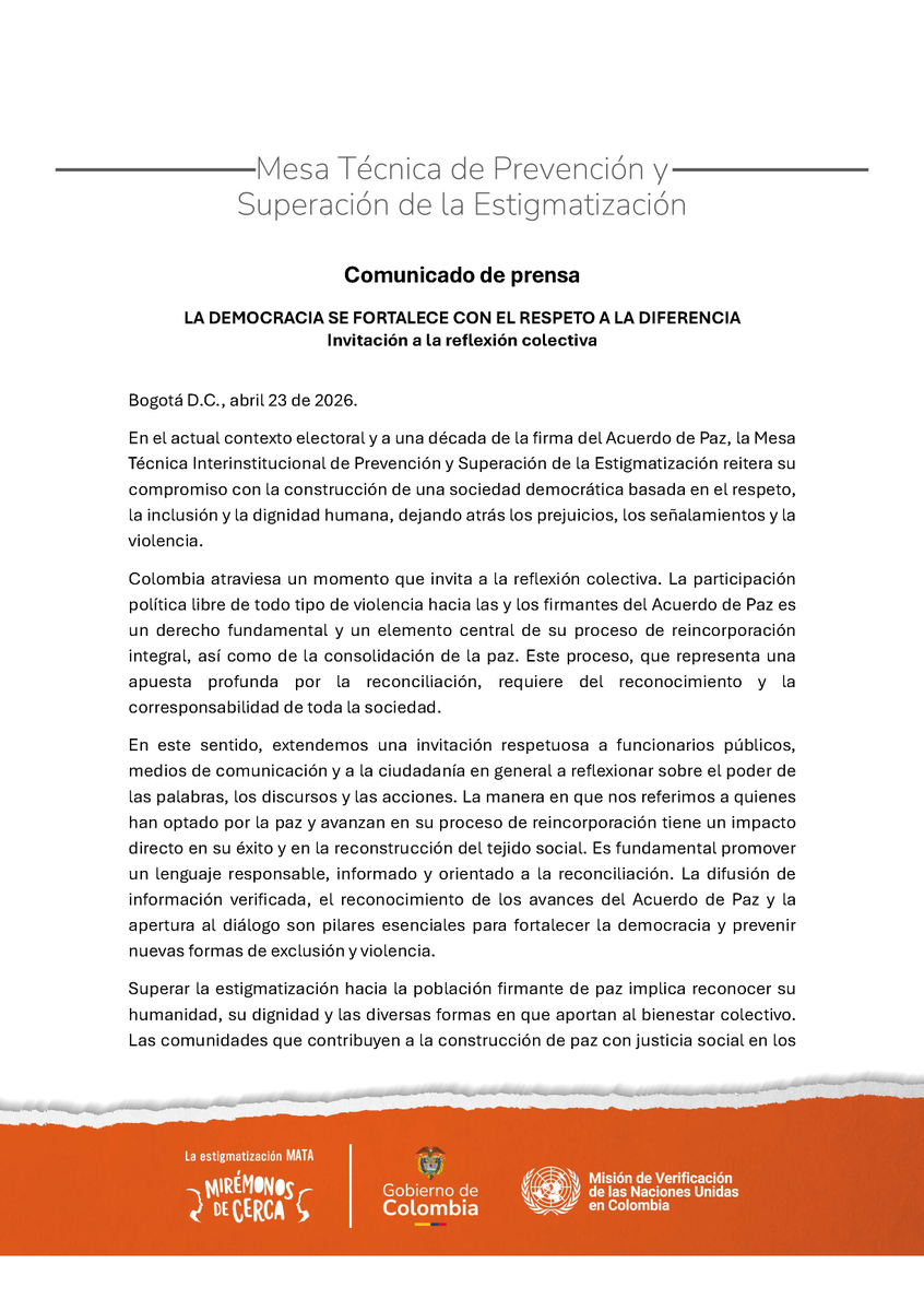 MisionONUCol's tweet photo. #ComunicadoDePrensa de la Mesa Técnica de Prevención y Superación de la Estigmatización: La democracia se fortalece con el respeto a la diferencia. Invitación a la reflexión colectiva. @ARNColombia

➡️ https://t.co/HPkLFIwKjh https://t.co/DN5hwGQ7xS