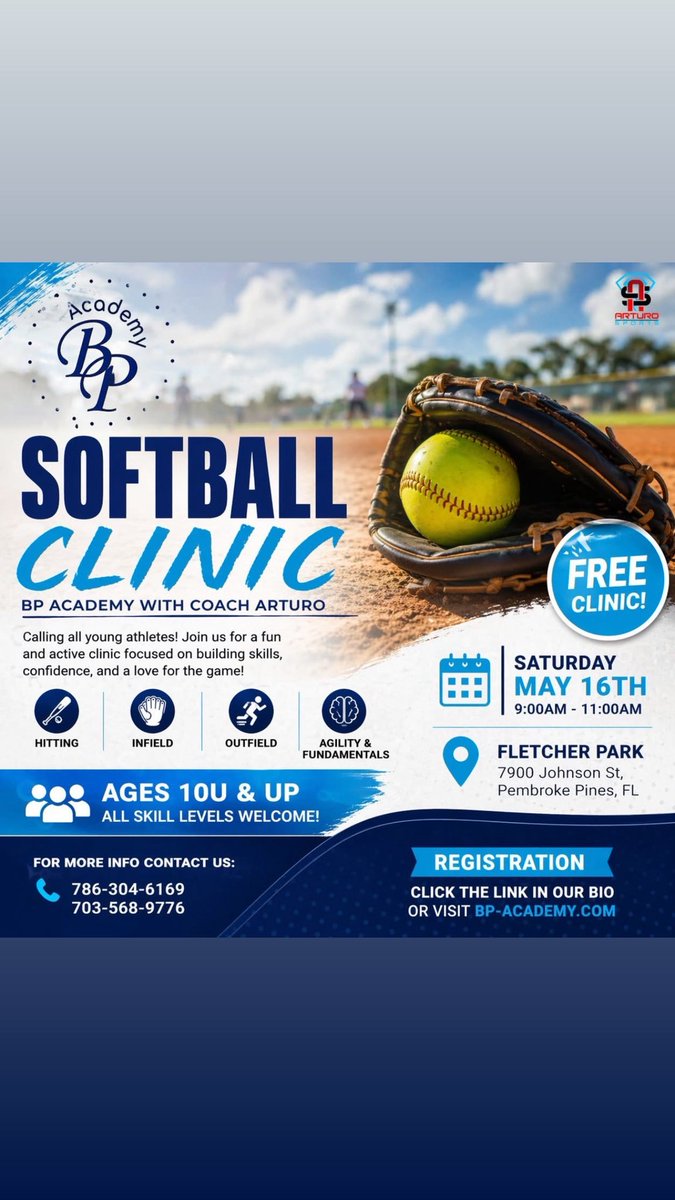 BPSoftballAcad's tweet photo. Free softball Clinic, May 16th, Fletcher Park 7900 Johnson Street Pembroke Pines Fl
#softballclinic #pembrokepines #fastpitchsoftball #bpsoftballacademy #fypシ゚viralシfypシ゚ #tryouts #southfl https://t.co/nTbMQl2Tl3