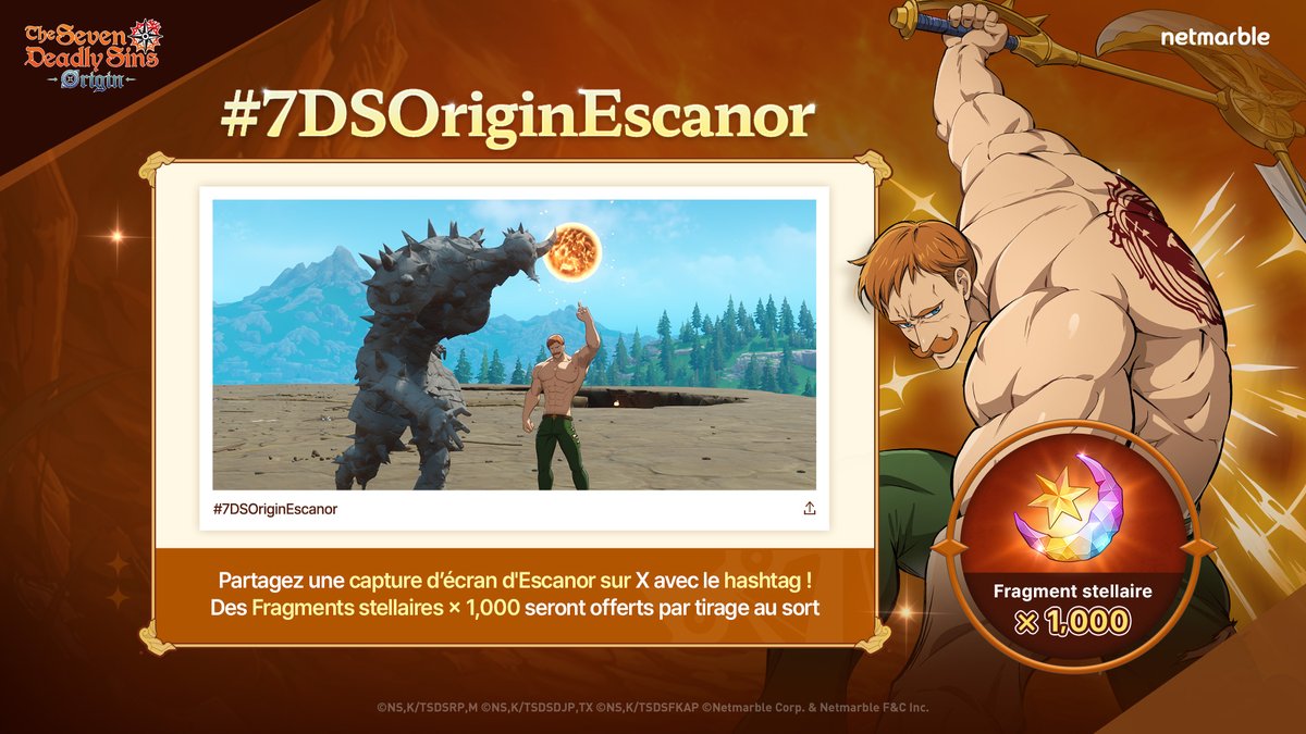 ☀️Événement de captures d'écran pour l'arrivée d'Escanor ! 📸

Profitez-vous déjà de la présence imposante d’Escanor, descendu sur Britannia ?
Prenez dès maintenant une capture d'écran de son allure majestueuse et partagez-la ! ✨

📆 Période de l'événement : Jusqu'au mardi 12