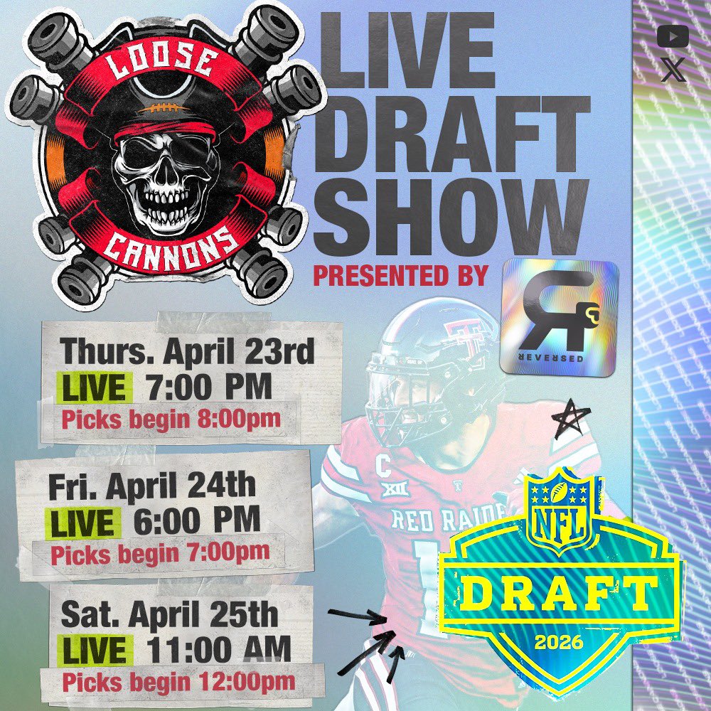 🗣️ IT’S DRAFT DAY‼️

Join the Loose Cannons for the Live Draft Show presented by Reversed Brand Hats.
The Bucs are in a prime spot to trade down or make a surprise pick.. how will the Loose Cannons react to all of it? Tune in and find out!

#NFLDraft.