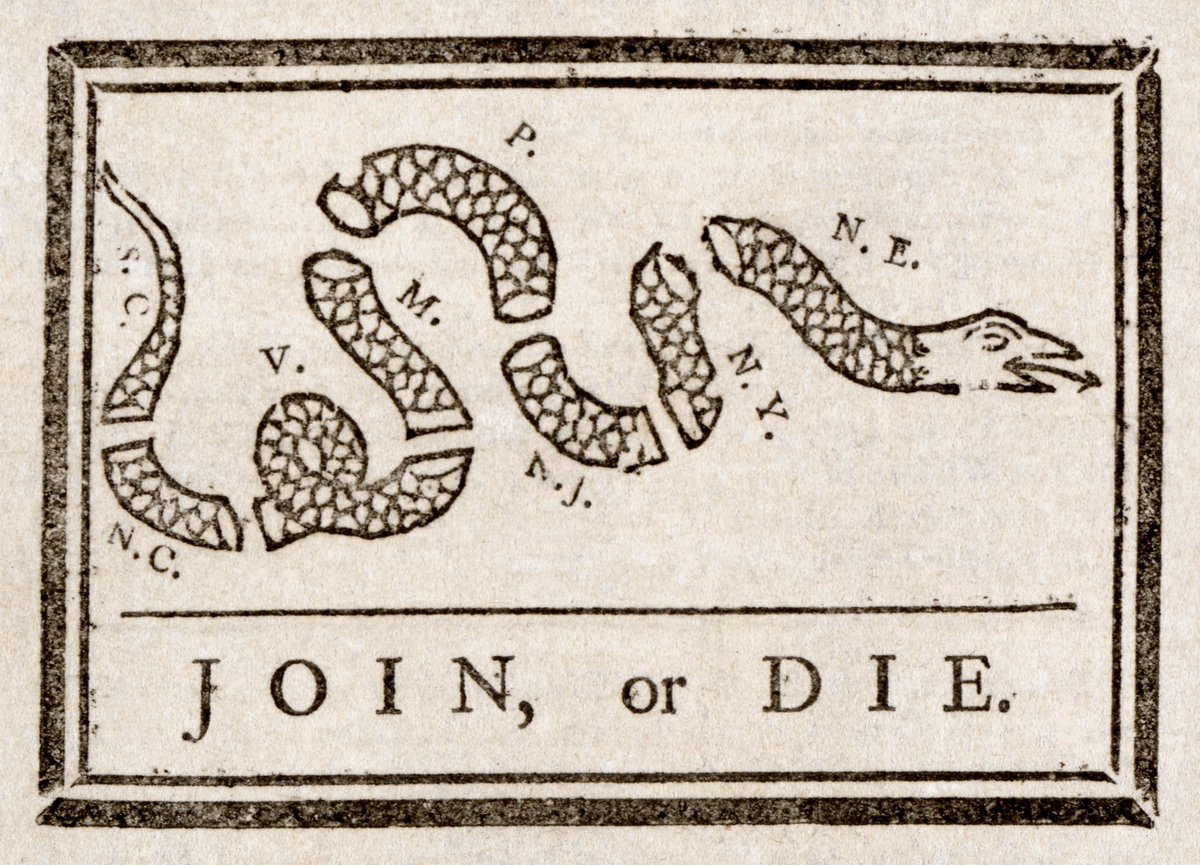 “JOIN OR DIE” cartoon but the snake sections are colored with various pride flags