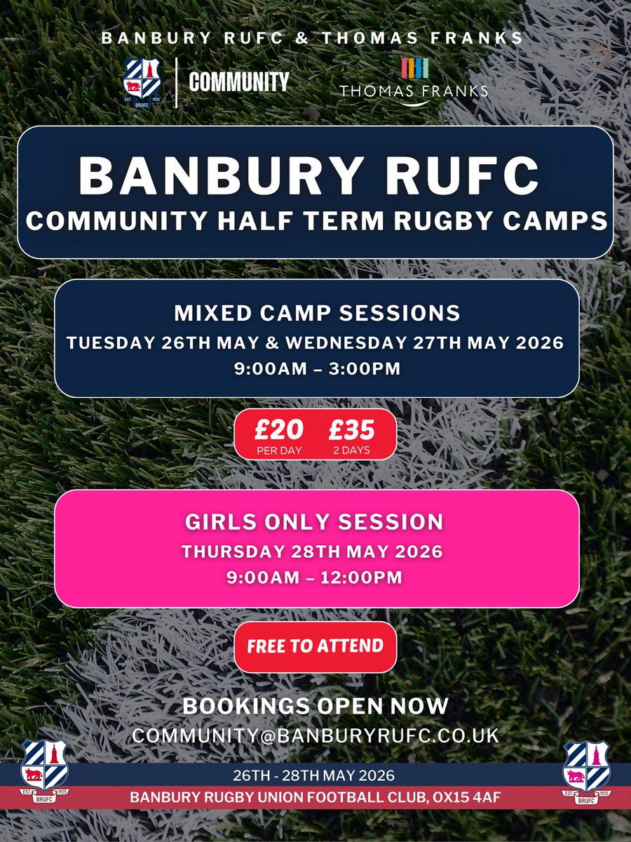 BanburyRUFC's tweet image. 𝗖𝗢𝗠𝗠𝗨𝗡𝗜𝗧𝗬 𝗛𝗔𝗟𝗙 𝗧𝗘𝗥𝗠 𝗥𝗨𝗚𝗕𝗬 𝗖𝗔𝗠𝗣𝗦 🏉

📅 26th–27th May
⏰ 9:00am–3:00pm
💷 £20 per day/£35 both days

FREE Girls Only Session:
📅 28th May
⏰ 9:00am–12:00pm

Book now: community@banburyrufc.co.uk

#BanburyRUFC #Rugby #CommunityRugby