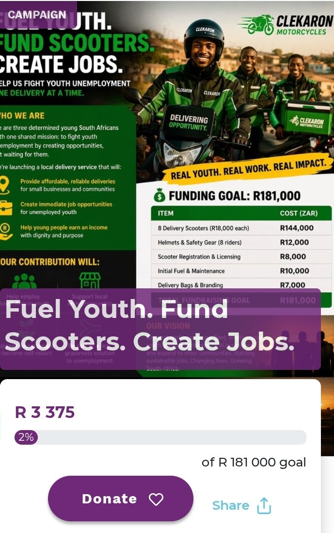 SebatiClement's tweet photo. @JamilKhabir396 Hello. I follow back.
Please help me share my campaign to help unemployed youth. 
https://t.co/kVJMVxc8lJ https://t.co/wtrgbVLyBd