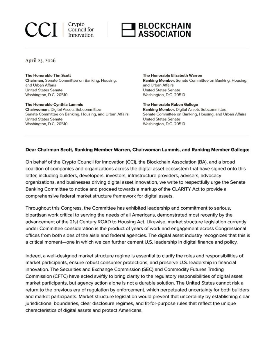 Crypto_Queenie's tweet image. 🚨Blockchain Association and Crypto Council for Innovation CLARITY ACT

🔸With over 120 signatories including #Coinbase, #Ripple, a16z crypto, #Circle, and #Solana entities, sent a letter urging Senate Banking Committee Chairman Tim Scott to hold a markup on the CLARITY Act.