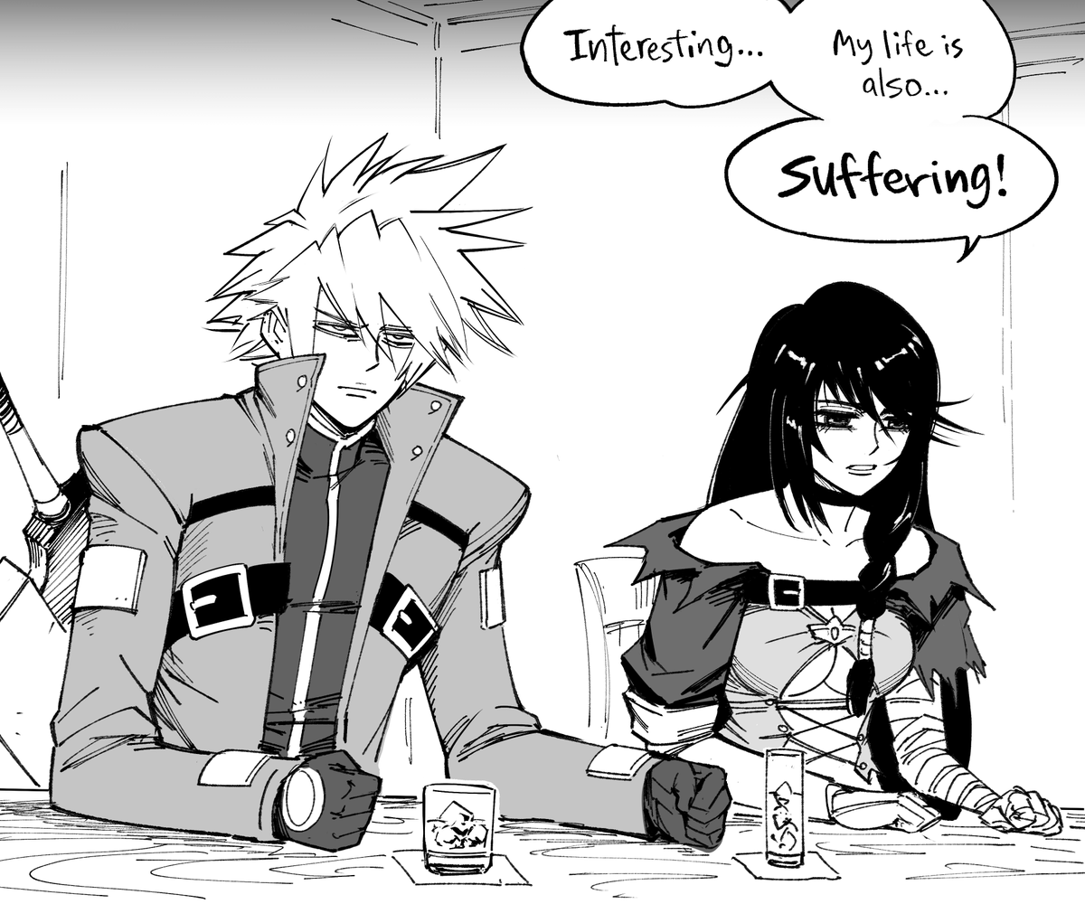 baalbuddy's tweet image. Patreon request: Velvet and Ragna in a bar.
I don't understand why, but I checked Rule 34 and this is the agreed-upon combo.