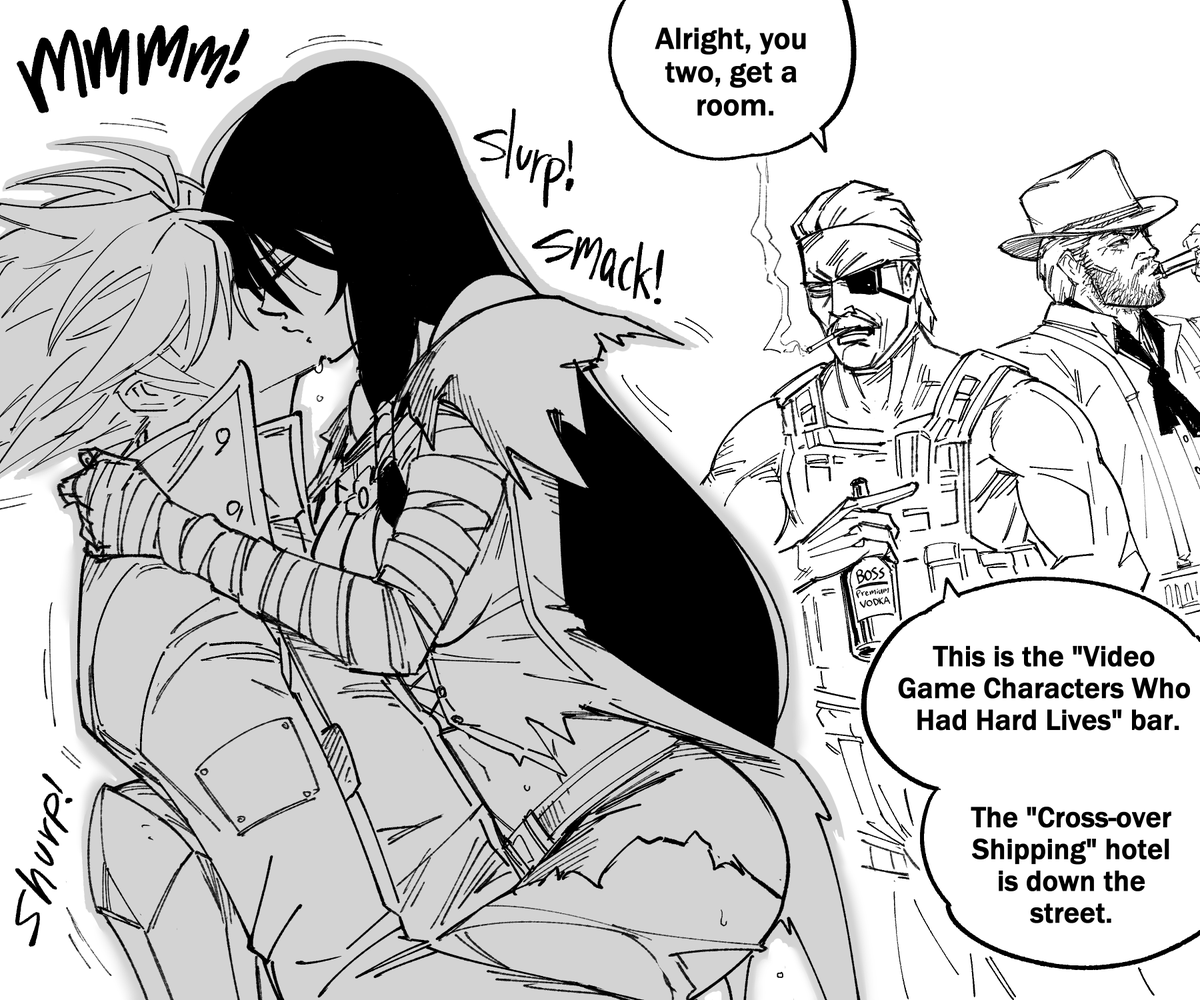 baalbuddy's tweet image. Patreon request: Velvet and Ragna in a bar.
I don't understand why, but I checked Rule 34 and this is the agreed-upon combo.