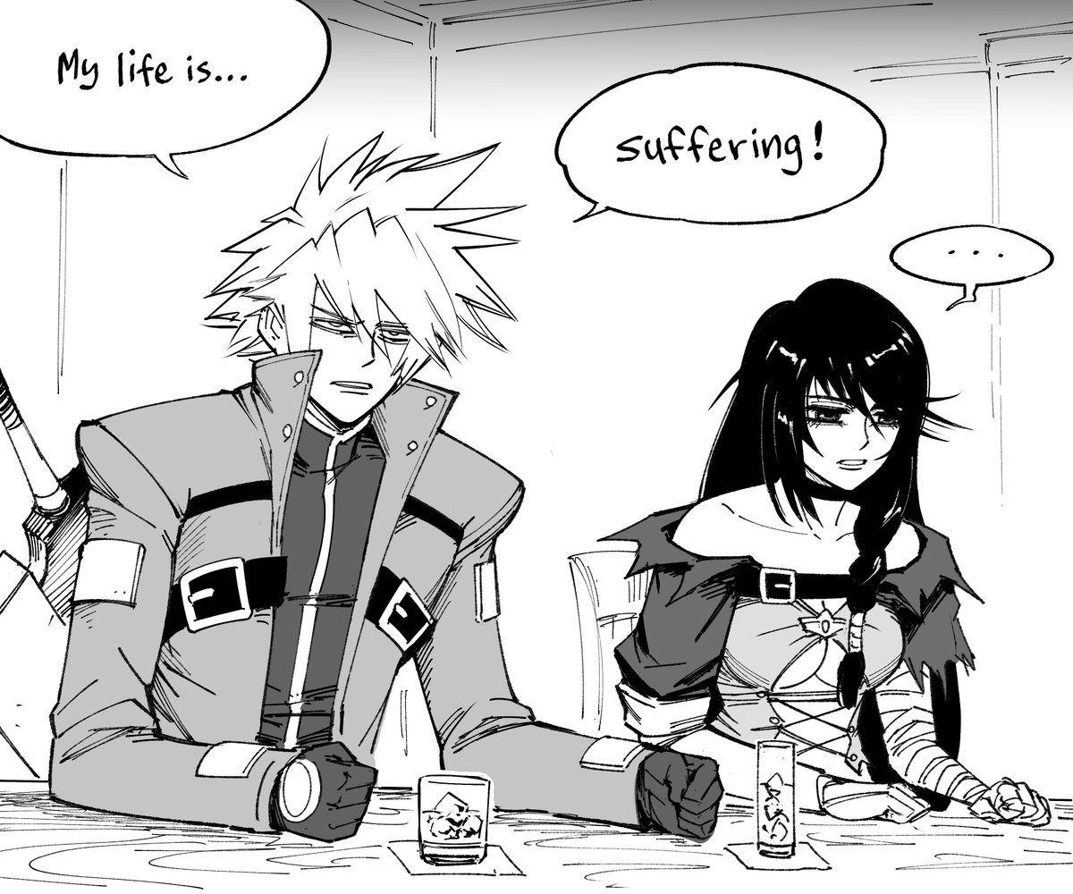 baalbuddy's tweet image. Patreon request: Velvet and Ragna in a bar.
I don't understand why, but I checked Rule 34 and this is the agreed-upon combo.