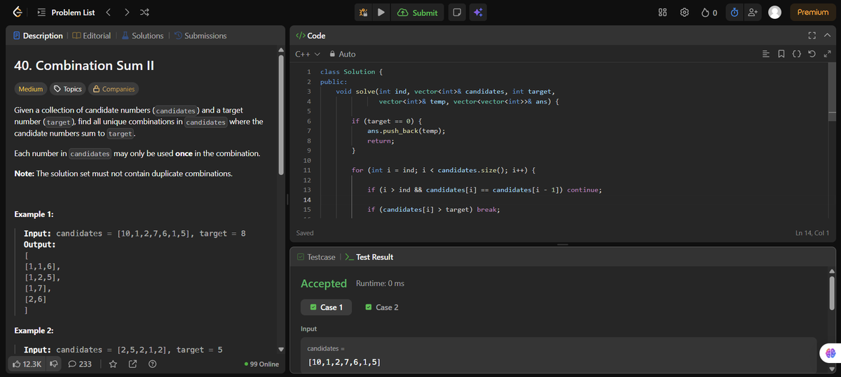 varun_rawat03's tweet photo. Day 31/60 🚀
Solved:
✅ Combination Sum I
✅ Combination Sum II
Key takeaways:
Backtracking = try → explore → undo (repeat)
Difference matters:
• CS I → reuse elements allowed
• CS II → no reuse + handle duplicates
#DSA #LeetCode #100DaysOfCode #Backtracking https://t.co/RspVHurY9t