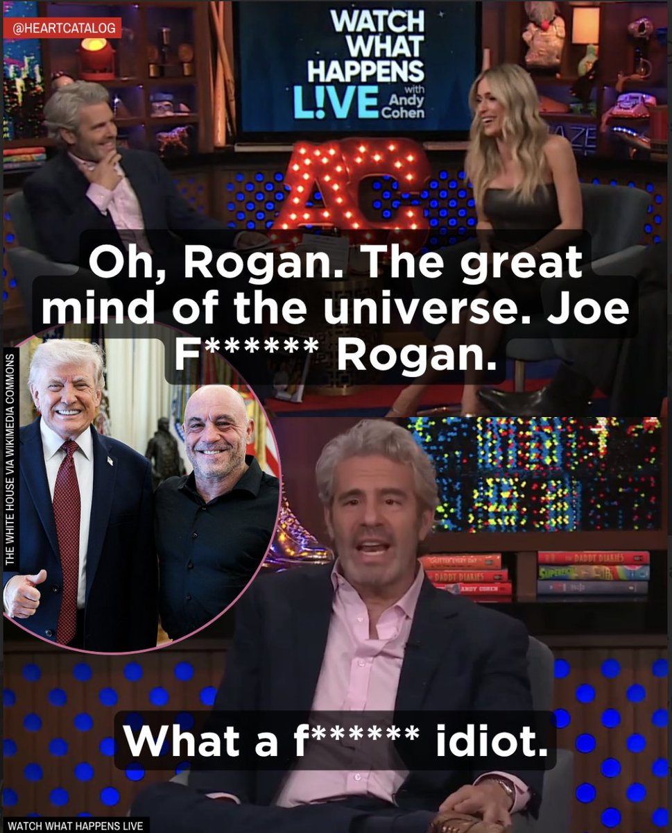 HeartCatalog's tweet image. Peacock deleted this scene of Andy Cohen mocking Joe Rogan from the streaming version of Watch What Happens Live. 👀 #wwhl #andycohen #joerogan