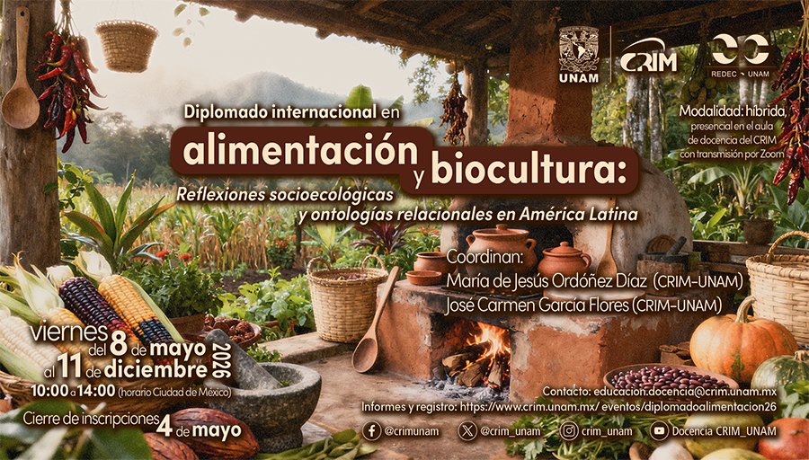 crim_unam's tweet image. 📣 El "Diplomado Internacional en #alimentación y biocultura: reflexiones socioecológicas y ontologías relacionales en América Latina".
📅 Viernes, del 8 de mayo al 11 de diciembre, de 2026 (140 horas).
⏰ 9 a 13 h.
📌Info:
crim.unam.mx/eventos/diplom…
#diplomado #biocultura