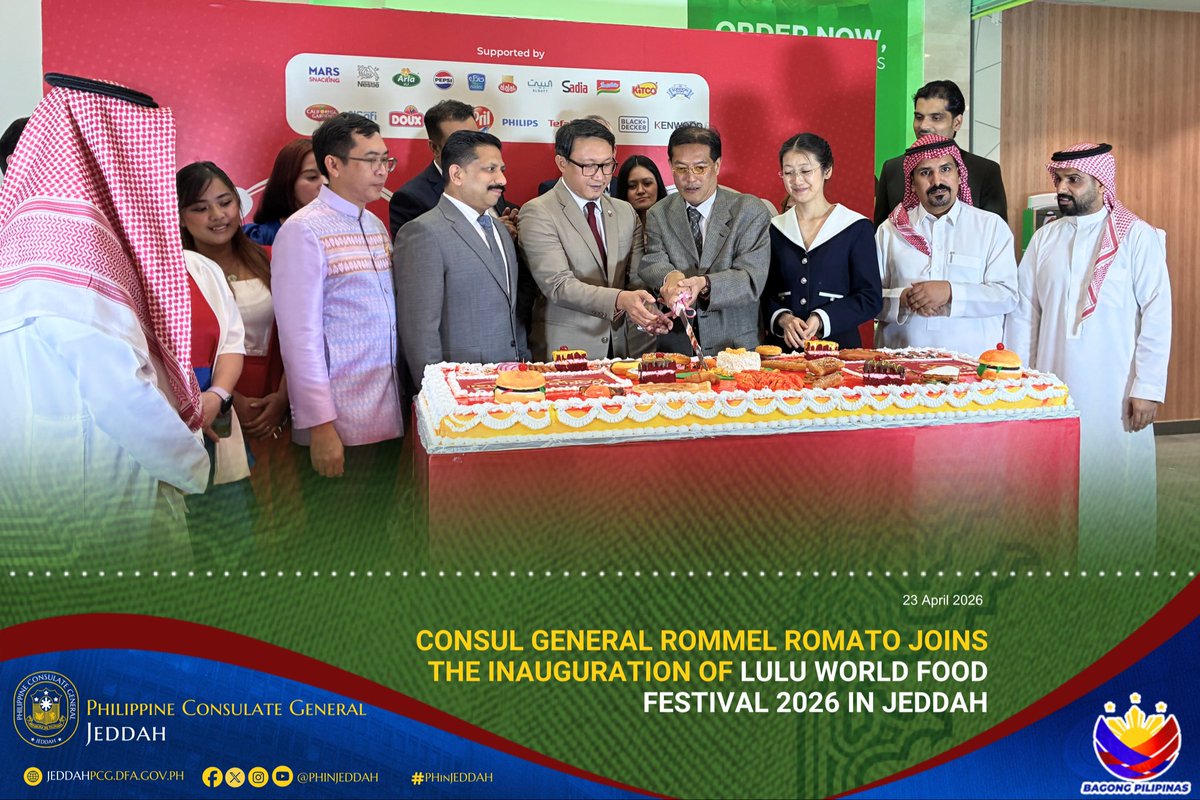 PHinJeddah's tweet photo. The Philippine Consulate General in Jeddah led by Consul General Rommel Romato joined the inauguration of the LuLu World Food Festival 2026 hosted by LuLu Hypermarket in Al Ruwais, Jeddah, celebrating global cuisines and cultural diversity.

#PHinJeddah #WorldFoodFestival2026 https://t.co/SF1PVQnMuH