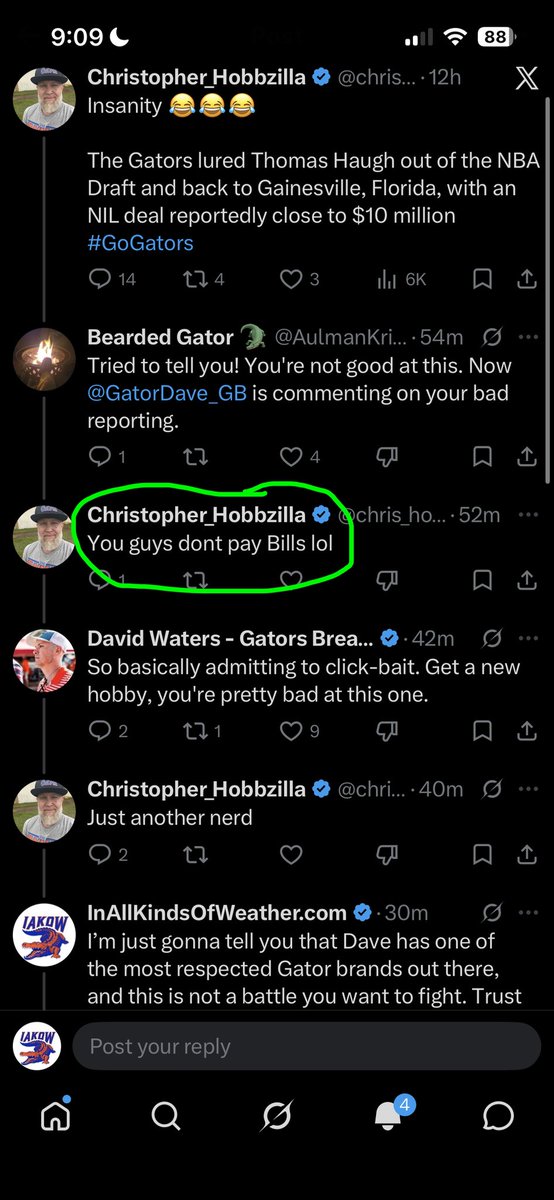 AllKindsWeather's tweet photo. 🚨PSA🚨

If you want accurate information about the #Gators, do yourself a favor and unfollow/mute/block @chris_hobbzilla.

By his own admission, his sole mission is to peddle false information to make a few bucks.

Plenty of great Gator accounts out there, he’s not one of them. https://t.co/YMocekONNE