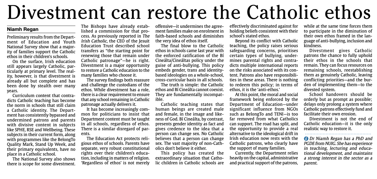 NiamhLanes's tweet photo. Thank you to @IrishCathNews for publishing this today.

For the Catholic ethos to be upheld, as the majority of families support, the anti-ethos promoted through programmes like #SPHE and #BíCineálta has to go.

It's a two way divestment at this stage! 

@Education_Ire https://t.co/TumCk3Wpuz