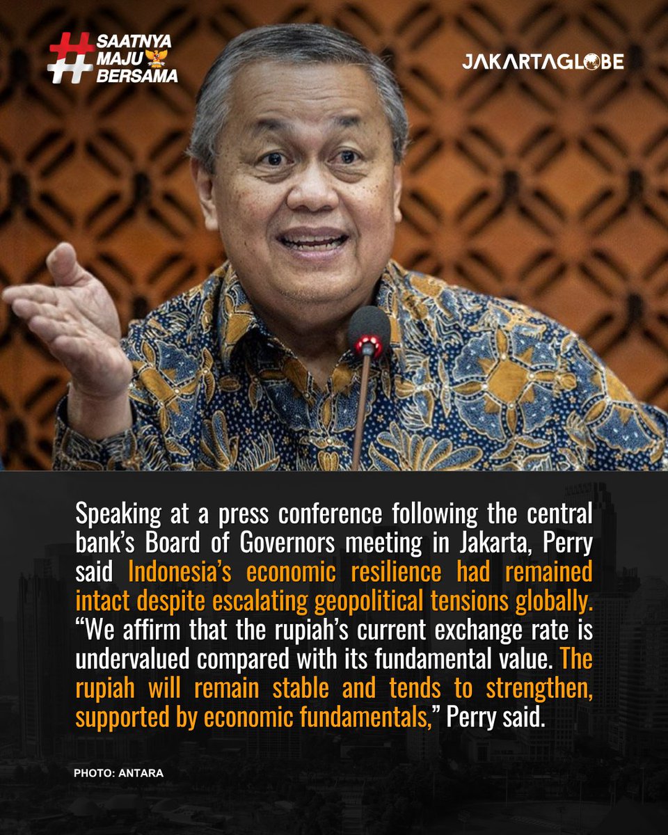 thejakartaglobe's tweet image. Bank Indonesia Governor Perry Warjiyo said the rupiah remains undervalued compared to its fundamental value.

Read more on Jakarta Globe!

#jakartaglobe #Indonesia #Rupiah #BankIndonesia #Economy #Currency #Finance