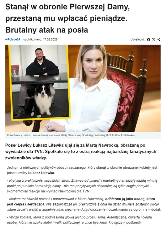 Śp. poseł Litewka jako jeden z niewielu odważnych z koalicji rządowej stanął w obronie Pierwszej Damy Marty Nawrockiej, gdy była celem przemysłu pogardy Salonu III RP i sekty Giertycha.

Spotkał go za to ten sam obrzydliwy hejt.

Niech ta postawa też będzie jego testamentem.