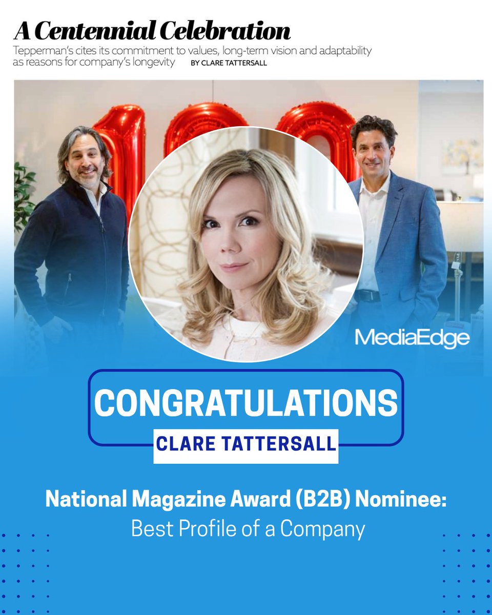 MediaEdgeTOR's tweet photo. Clare Tattersall, a longtime member of MediaEdge's editorial team, has been nominated for a National Magazine Award (B2B) for her Tepperman’s profile in the Spring 2025 issue of Home Goods Merchandiser. https://t.co/v20d090UmB