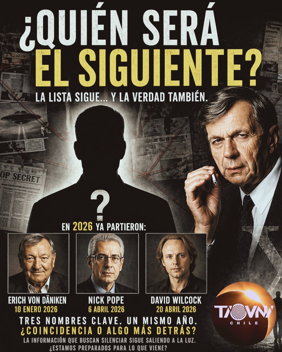 OvniChile1's tweet image. 🚨 2026: tres figuras clave de la ufología han muerto.

👽 Erich von Däniken
🛸 Nick Pope
🛰️ David Wilcock
Uno tras otro. Mismo año.

❗ ¿Coincidencia… o algo más detrás?

#UFO #OVNI #Misterio #Disclosure